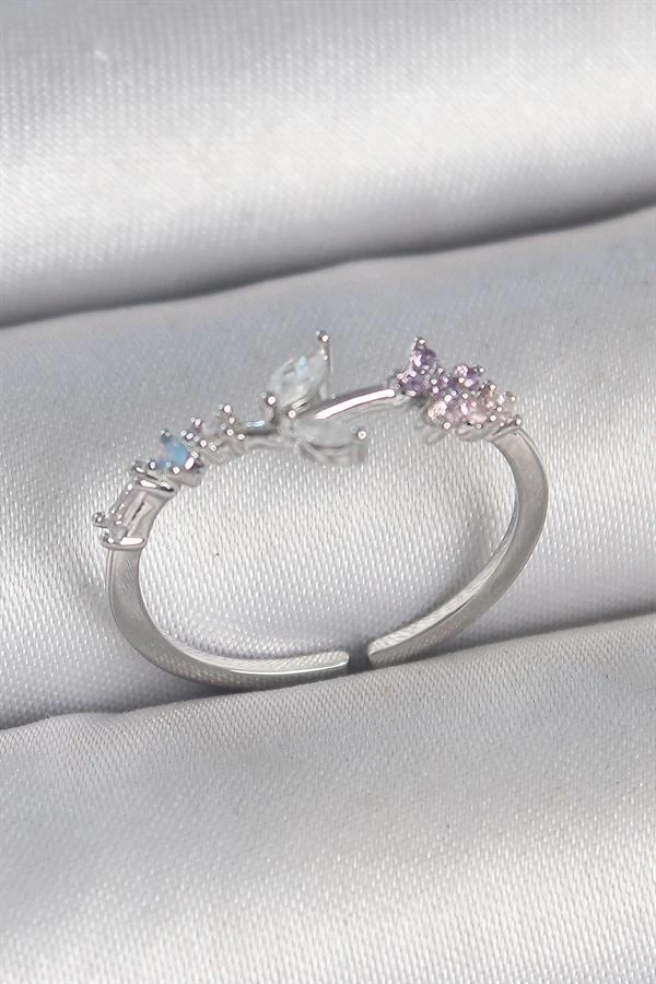 Pirinç Gümüş Renk Zirkon Taşlı Çiçek Model Ayarlanabilir Kadın Yüzük