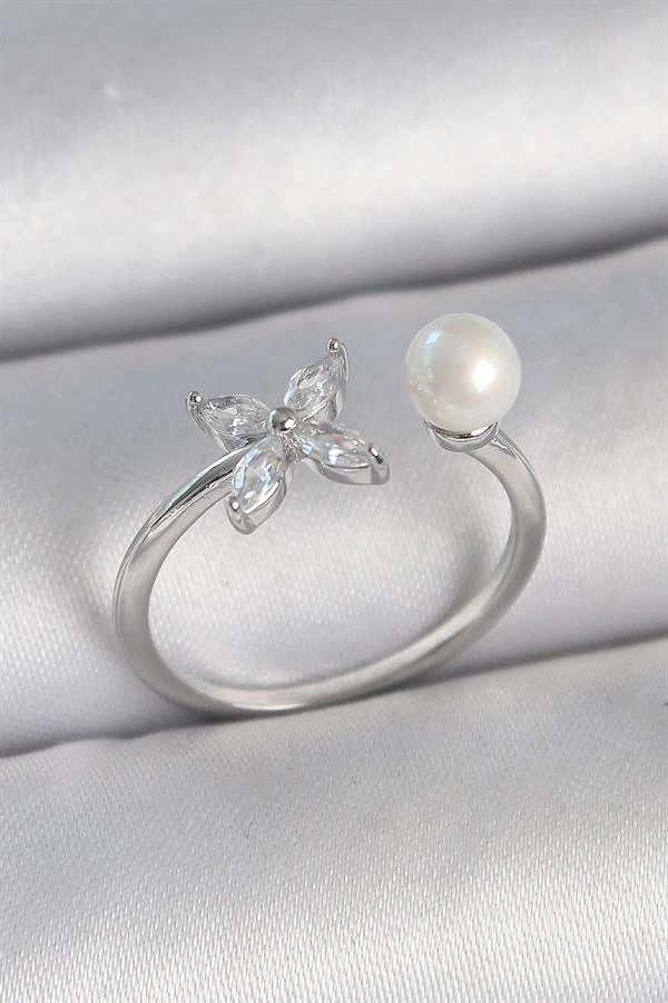 Pirinç Gümüş Renk Zirkon Taşlı Çiçek Model İnci Detay Ayarlanabilir Kadın Yüzük