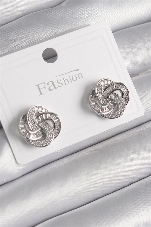 Pirinç Gümüş Renk Zirkon Taşlı Çiçek Model Kadın Küpe