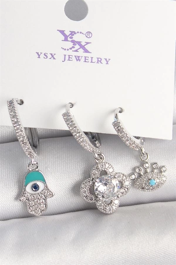 Pirinç Gümüş Renk Zirkon Taşlı Fatma Ana Yonca Figür Göz Detay 3Lü Kadın Kombin Küpe