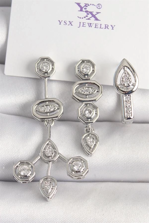 Pirinç Gümüş Renk Zirkon Taşlı Geometrik Model 3Lü Kadın Kombin Küpe