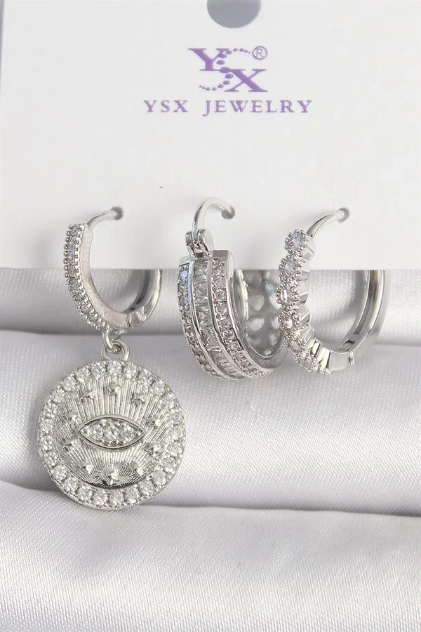 Pirinç Gümüş Renk Zirkon Taşlı Göz İşlemeli Halka Model 3Lü Kadın Kombin Küpe