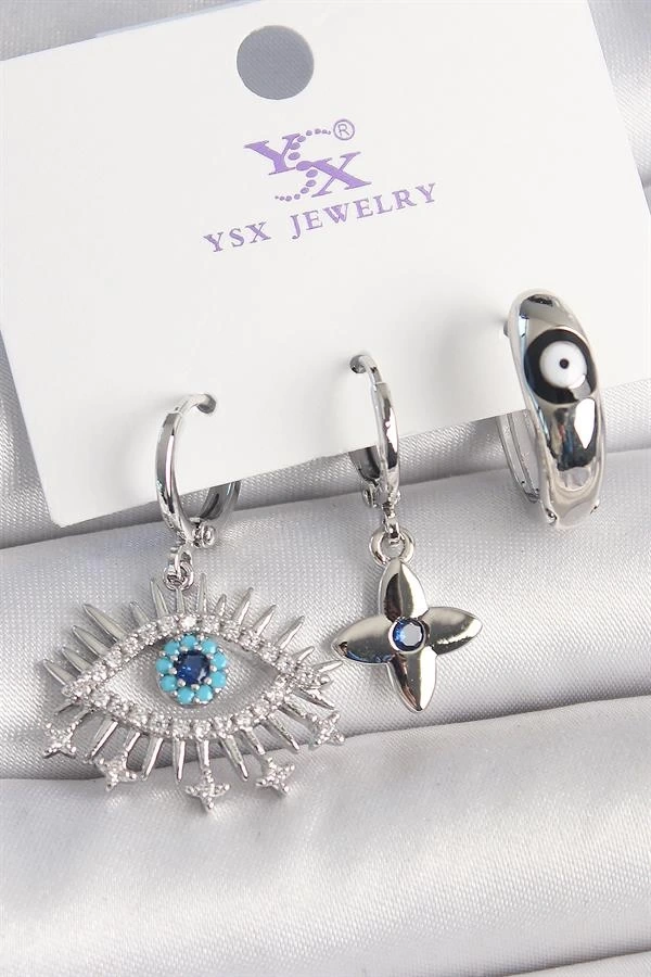 Pirinç Gümüş Renk Zirkon Taşlı Göz Model Nazar Boncuk Detay 3Lü Kadın Kombin Küpe