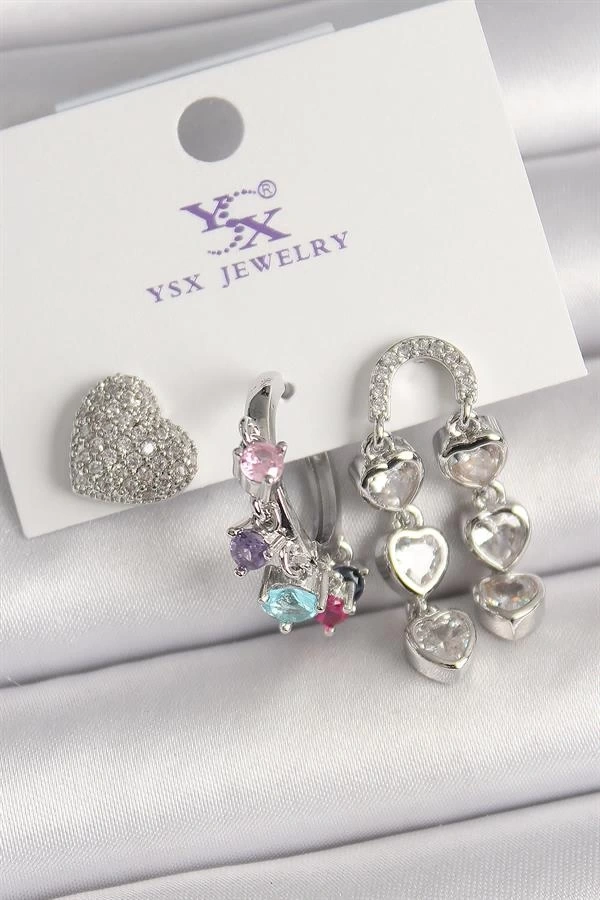 Pirinç Gümüş Renk Zirkon Taşlı Kalp Figür Renkli Taş Detay 3Lü Kadın Kombin Küpe