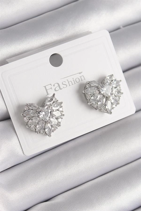 Pirinç Gümüş Renk Zirkon Taşlı Kalp Model Kadın Küpe