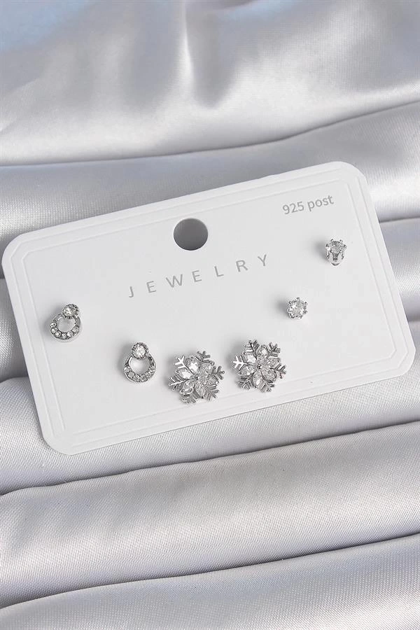 Pirinç Gümüş Renk Zirkon Taşlı Kar Tanesi Model 925 Ayar Gümüş Çivi Kadın Küpe Seti