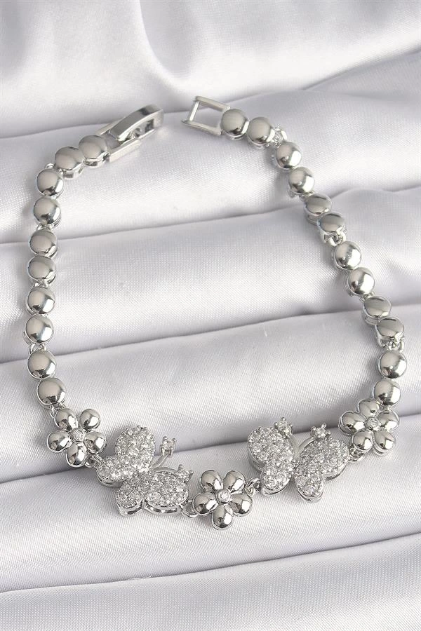 Pirinç Gümüş Renk Zirkon Taşlı Kelebek Figür Çiçek Zincir Model Kadın Bileklik