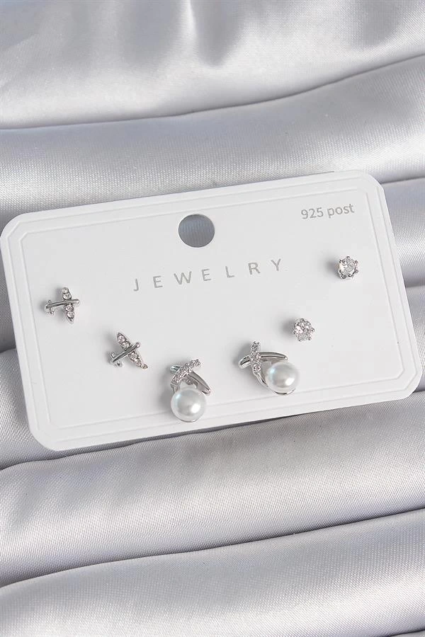 Pirinç Gümüş Renk Zirkon Taşlı Kelebek Model İnci Detay 925 Ayar Gümüş Çivi Kadın Küpe Seti