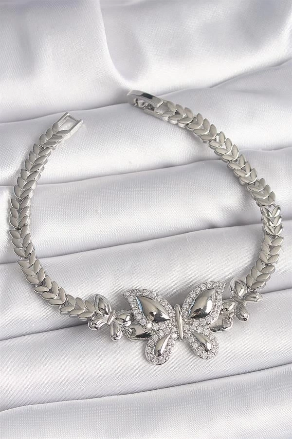 Pirinç Gümüş Renk Zirkon Taşlı Kelebek Model Kadın Bileklik