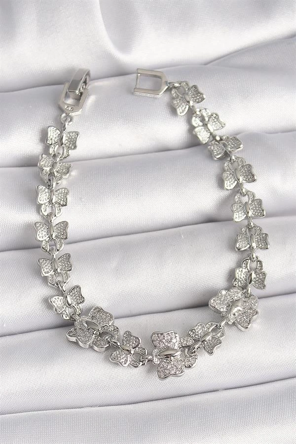Pirinç Gümüş Renk Zirkon Taşlı Kelebek Model Zincir Kadın Bileklik