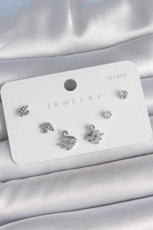 Pirinç Gümüş Renk Zirkon Taşlı Kuğu Model 925 Ayar Gümüş Çivi Kadın Küpe Seti