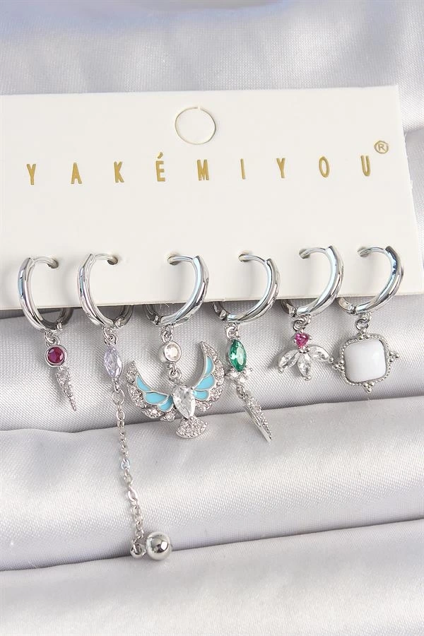 Pirinç Gümüş Renk Zirkon Taşlı Kuş Figür Çiçek Detay 6Lı Kadın Kombin Küpe