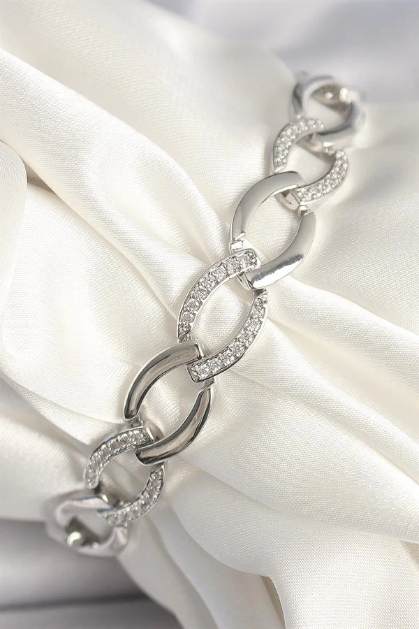 Pirinç Gümüş Renk Zirkon Taşlı Oval Zincir Model Kadın Bileklik