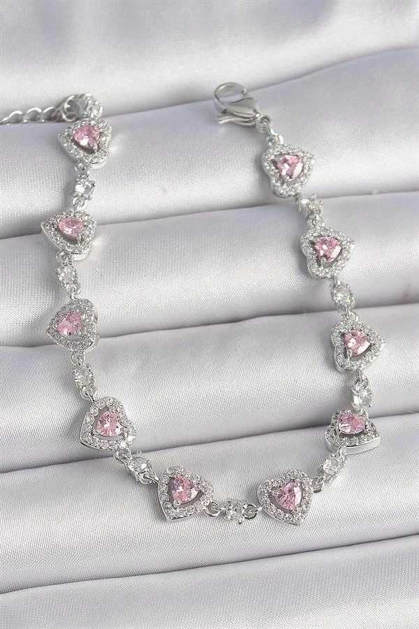 Pirinç Gümüş Renk Zirkon Taşlı Pembe Kalp Model VIP Seri Kadın Bileklik