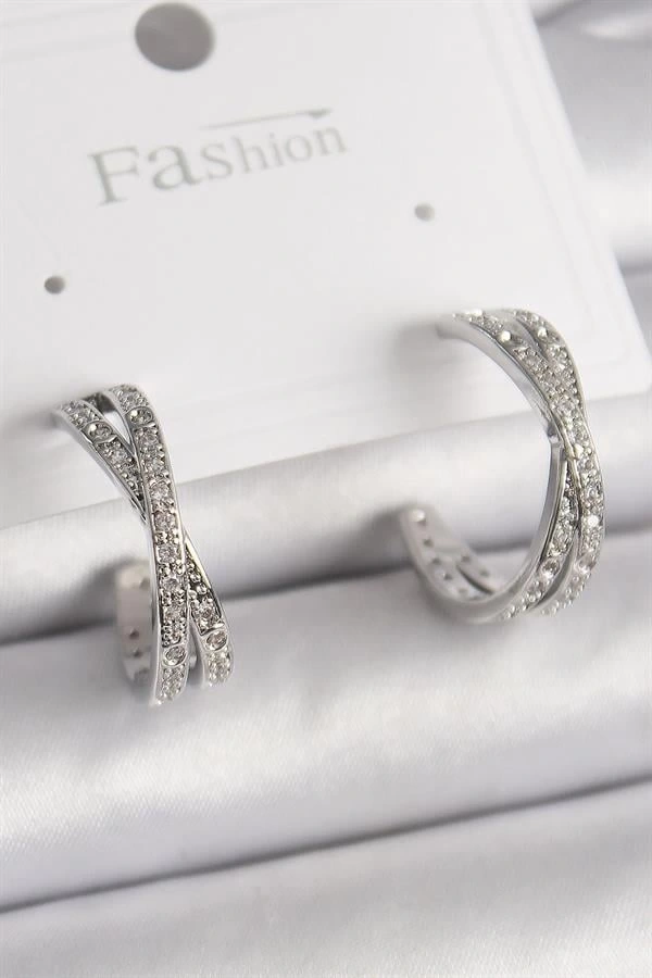 Pirinç Gümüş Renk Zirkon Taşlı Sarmal Halka Model Kadın Küpe