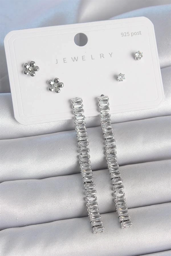 Pirinç Gümüş Renk Zirkon Taşlı Su Yolu Model Çiçek Detay 925 Ayar Gümüş Çivi Kadın Küpe Seti