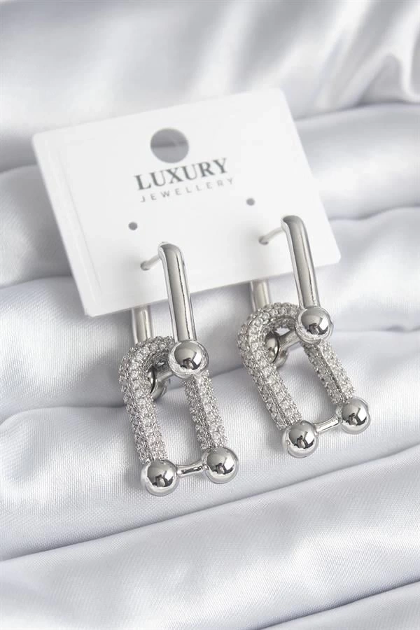 Pirinç Gümüş Renk Zirkon Taşlı Model VIP Seri Kadın Küpe