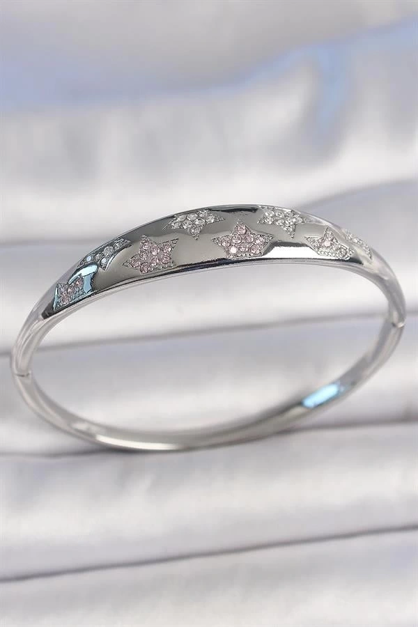 Pirinç Gümüş Renk Zirkon Taşlı Yıldız İşlemeli Kadın Kelepçe