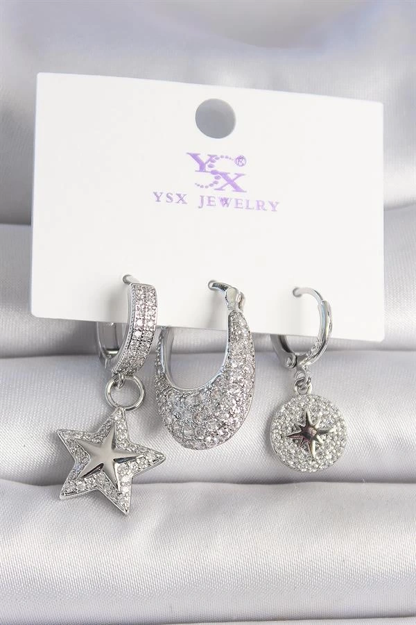 Pirinç Gümüş Renk Zirkon Taşlı Yıldız Model Kutup Yıldız İşleme Detay 3Lü Kadın Kombin Küpe