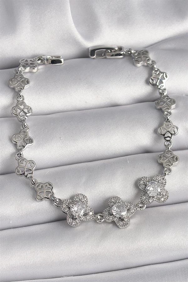 Pirinç Gümüş Renk Zirkon Taşlı Yonca Model Kadın Bileklik