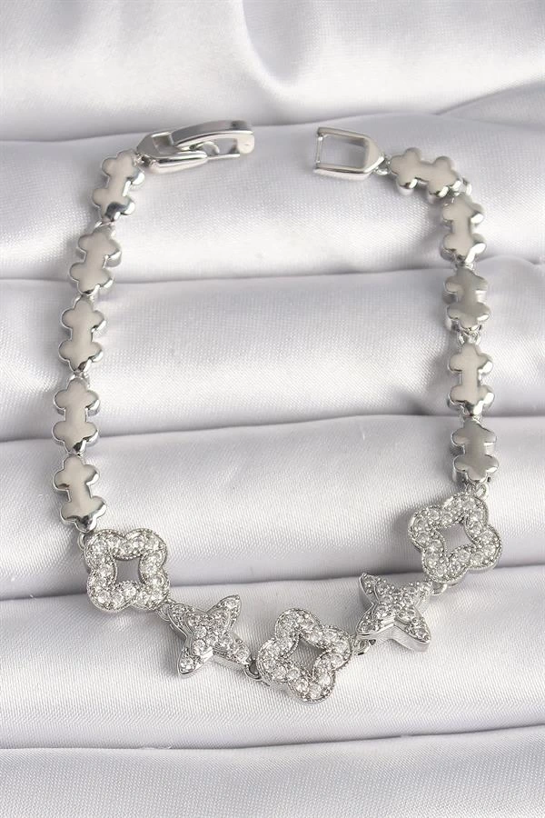 Pirinç Gümüş Renk Zirkon Taşlı Yonca Yıldız Model Kadın Bileklik