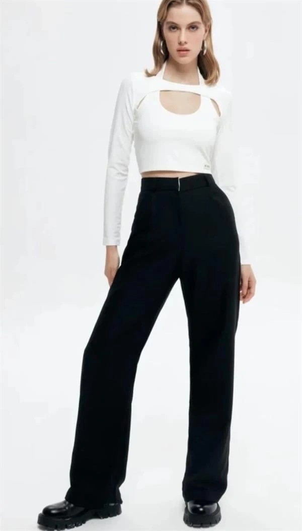 23K71073 Yüksek Bel İspanyol Paça Kumaş Pantolon