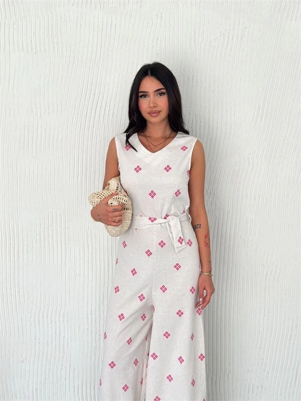 Sırt dekolteli keten beyaz tulum S1036