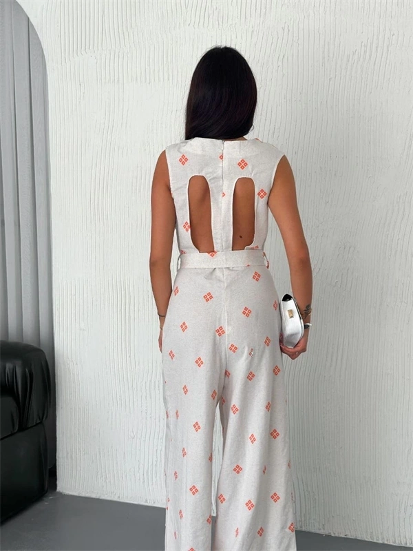 Sırt dekolteli keten beyaz tulum S1036