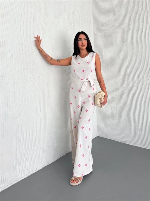 Sırt dekolteli keten beyaz tulum S1036