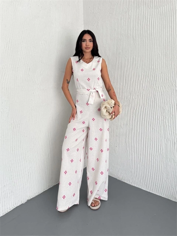 Sırt dekolteli keten beyaz tulum S1036