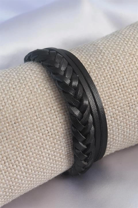 Siyah Burgu Model Deri Erkek Bileklik