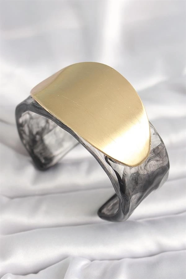 Siyah Mermer Desen Akrilik Plastik Gold Oval Plaka Model Vintage Kadın Bilezik
