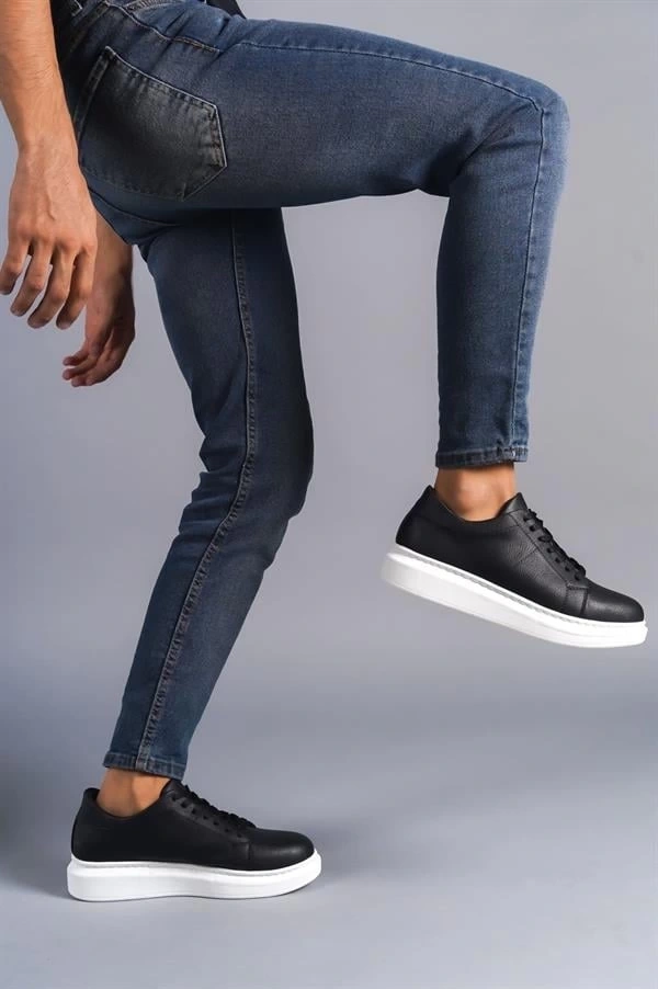 SLW151 Boost Bağcıklı Cilt Erkek Günlük Sneaker Ayakkabı CBT - Siyah