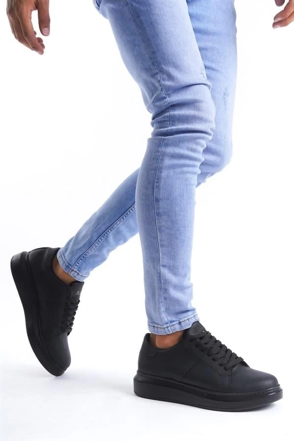 SLW151 Boost Bağcıklı Cilt Erkek Günlük Sneaker Ayakkabı CST - Siyah