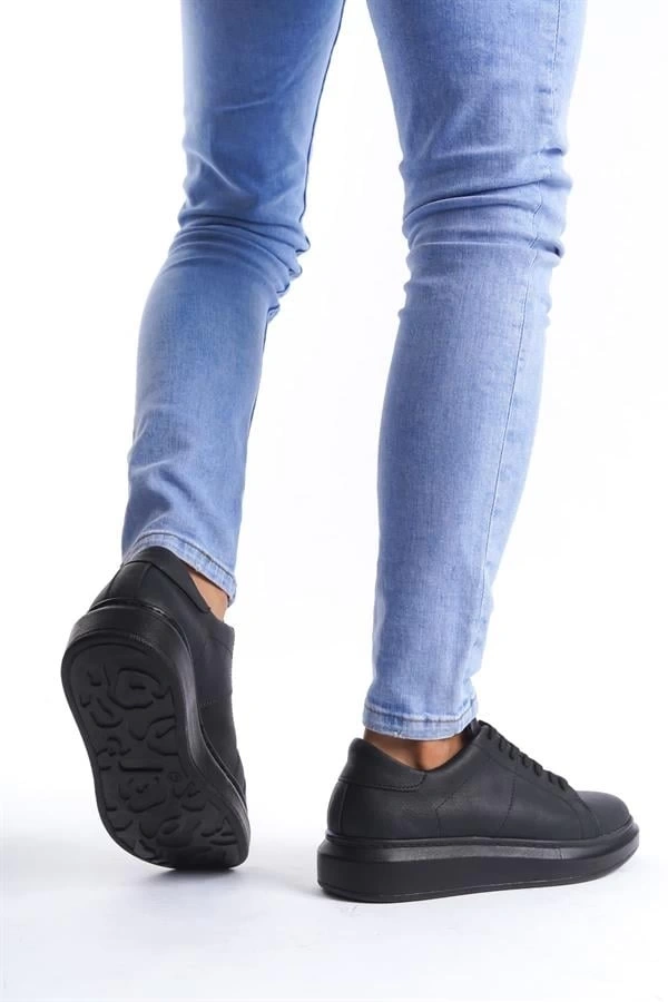 SLW151 Boost Bağcıklı Cilt Erkek Günlük Sneaker Ayakkabı CST - Siyah