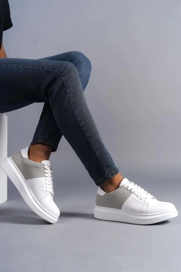 SLW151 Boost Bağcıklı Cilt Süet Erkek Günlük Sneaker Ayakkabı CSBT - Beyaz/Gri