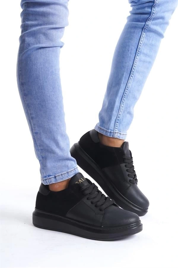 SLW151 Boost Bağcıklı Cilt Süet Erkek Günlük Sneaker Ayakkabı CSST - Siyah