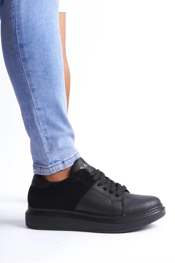 SLW151 Boost Bağcıklı Cilt Süet Erkek Günlük Sneaker Ayakkabı CSST - Siyah