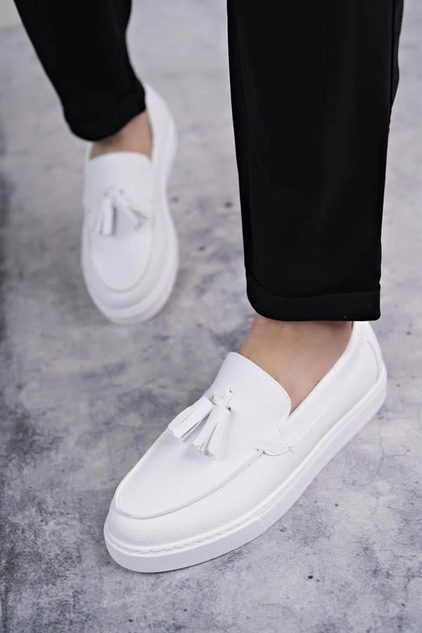 SLW153 Bloom Bağcıksız Püsküllü Cilt Erkek Günlük Spor Klasik Ayakkabı CBT - Beyaz