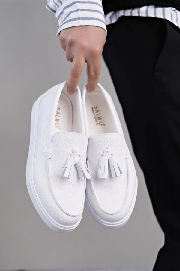 SLW153 Bloom Bağcıksız Püsküllü Cilt Erkek Günlük Spor Klasik Ayakkabı CBT - Beyaz