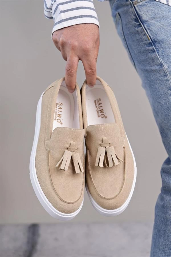 SLW153 Bloom Bağcıksız Püsküllü Süet Erkek Günlük Spor Klasik Ayakkabı SBT - Krem