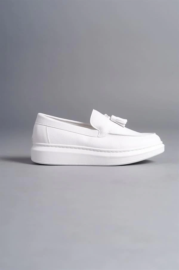 SLW154 Blaze Bağcıksız Püsküllü Cilt Erkek Günlük Spor Klasik Ayakkabı CBT - Beyaz