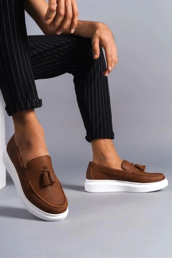 SLW154 Blaze Bağcıksız Püsküllü Cilt Erkek Günlük Spor Klasik Ayakkabı CBT - Taba