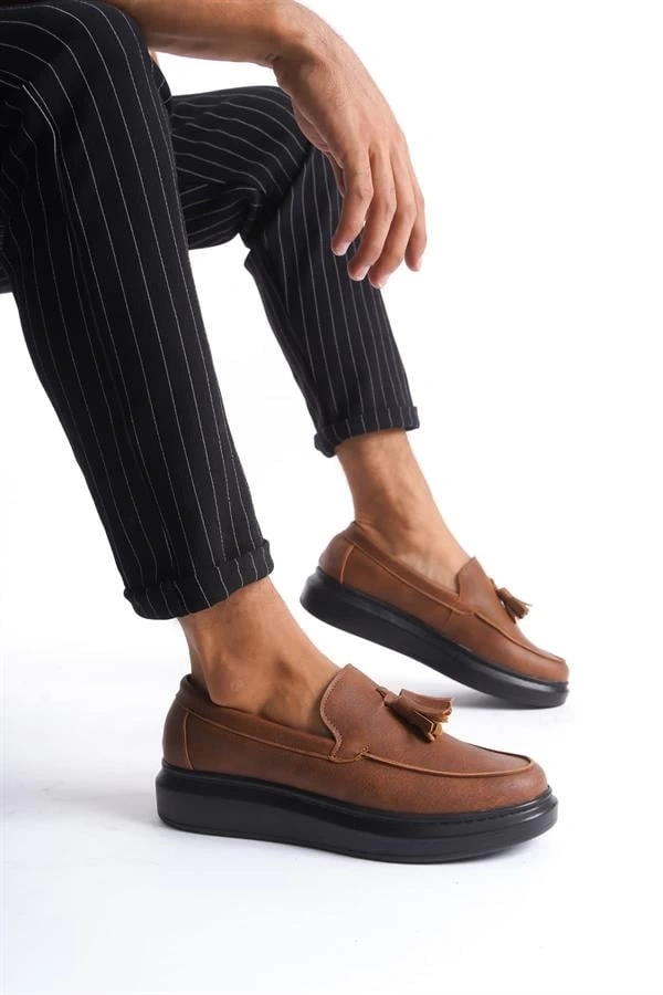 SLW154 Blaze Bağcıksız Püsküllü Cilt Erkek Günlük Spor Klasik Ayakkabı CST - Taba