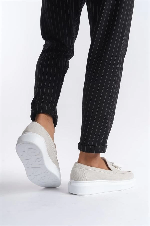 SLW154 Blaze Bağcıksız Püsküllü Keten Erkek Günlük Spor Klasik Ayakkabı KBT - Beyaz