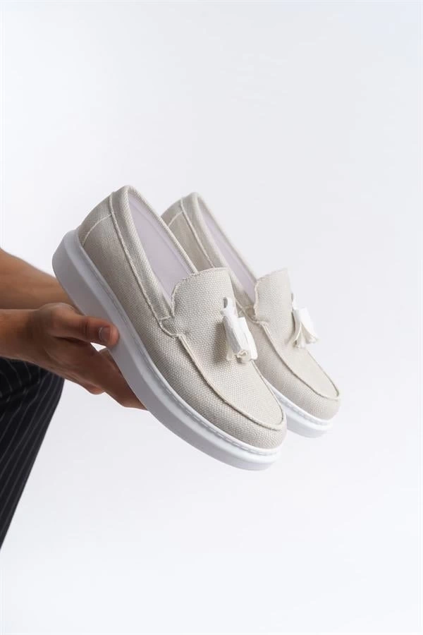 SLW154 Blaze Bağcıksız Püsküllü Keten Erkek Günlük Spor Klasik Ayakkabı KBT - Beyaz