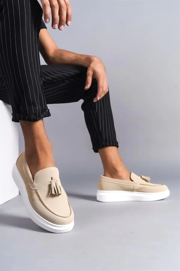 SLW154 Blaze Bağcıksız Püsküllü Süet Erkek Günlük Spor Klasik Ayakkabı SBT - Krem