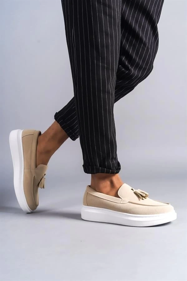 SLW154 Blaze Bağcıksız Püsküllü Süet Erkek Günlük Spor Klasik Ayakkabı SBT - Krem