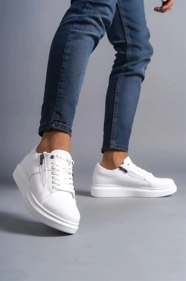 SLW155 Warrior Bağcıklı ve Fermuarlı Cilt Erkek Günlük Sneaker Ayakkabı CBT - Beyaz