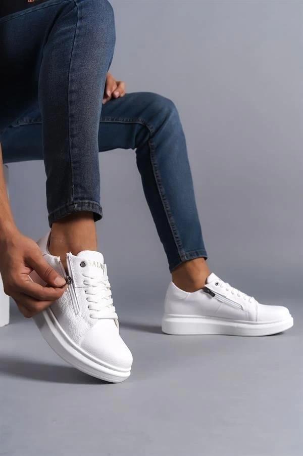 SLW155 Warrior Bağcıklı ve Fermuarlı Cilt Erkek Günlük Sneaker Ayakkabı CBT - Beyaz